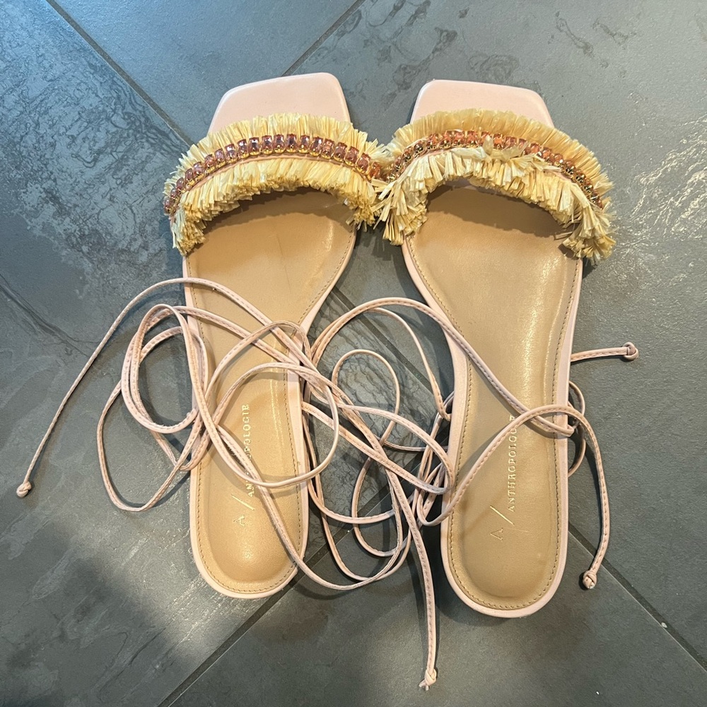 Anthropologie Jewel Embellished Tie Up Pink/Rose Raffia Square Toe Sandals Sz 40